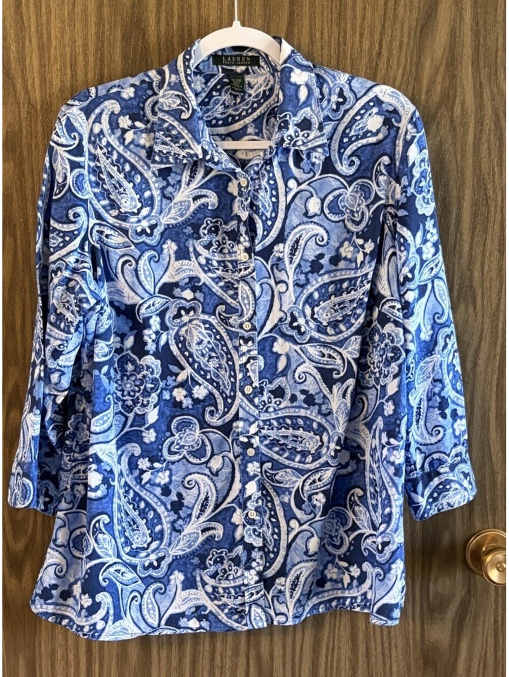 Lauren Ralph Lauren Blouse 1X Blue White Paisley 3/4 Sleeve 100% Cotton